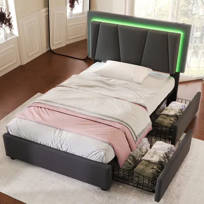 Produktbild von okwish Einzelpolsterbett 90x200 cm mit LED-Beleuchtung und 2 Schubladen, höhenverstellbares Kopfteil, Stauraum Bettgestell, Holzlattenrost, grau (ohne Matratze)