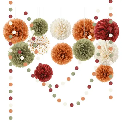 Image de Décorations pour fêtes d'automne : 15 pompons en papier de soie avec guirlandes en papier