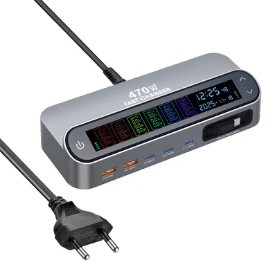 Produktbild von Bakeey 470W GaN USB-C Ladestation mit Display, 6-Port (3× USB-C, 2× USB-A, USB-C Kabel), PD & QC Schnellladegerät, EU-Stecker
