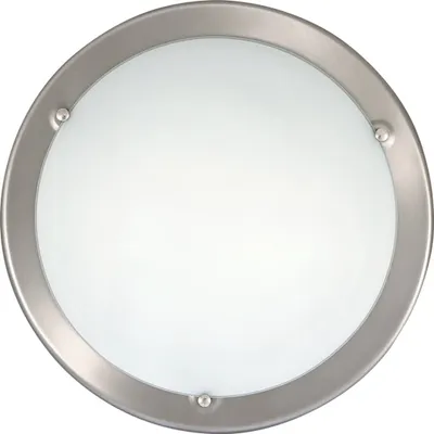 A circular ceiling light fixture with a brushed metal rim and a frosted white diffuser.