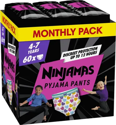 Obrázek produktu pro NINJAMAS Kalhotky plenkové Pyjama Pants Srdíčka, 60 ks, 7 let, 17kg-30kg