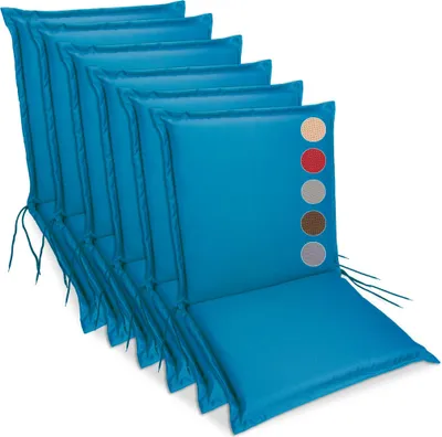 A set of blue chair cushions arranged in a row.
