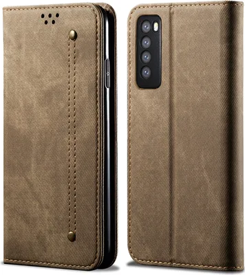 Produktbild von Huawei Nova 7 Hülle, LaimTop Denim Leder Brieftasche Magnetverschluss Flip Bookstyle Schutzhülle mit Standfunktion für Huawei Nova 7 Huawei Nova 7 Khaki