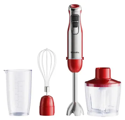 Zdjęcie produktu dla Zestaw blendera ręcznego 4 w 1 – HB1200 – 1200 W – 6 stopni regulacji – 6-ostrzowy nóż ze stali nierdzewnej – urządzenie ręczne – 220–240 V – kolor czerwony