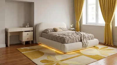 Immagine prodotto di Set per camera da letto: letto, comodino. Design moderno, colore beige, stile semplice e versatile
