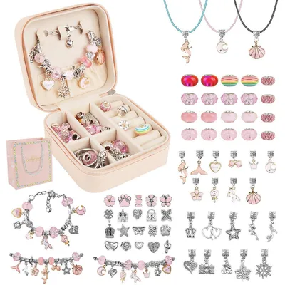 Immagine prodotto di Kit per creare braccialetti, 66 pezzi, con perline e confezione regalo, colore rosa