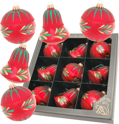 Produktbild von Krebs Glas Lauscha Christbaumkugeln 9er Set Rot mit einer Banderole aus Blättern - Größe ca. 8cm