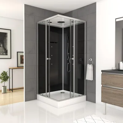 Produktbild von Duschwand Komplett MARWELL Komplettdusche Fertigdusche Black Square 90 x 90 x 215 cm - Eckdusche mit Eckeinstieg - Duschkabine mit hochwertigen Aluminiumprofilen - Einstiegshöhe 15 cm