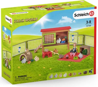 The image shows the packaging of a Schleich Farm World toy set featuring a rabbit hutch, small animal figures, and a girl having a picnic.