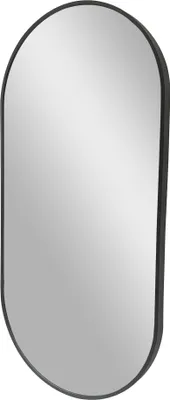 A black-framed oval mirror is shown against a white background.