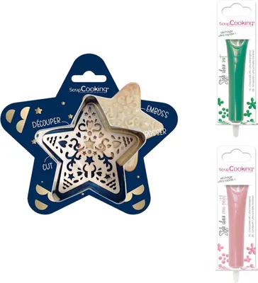 Produktbild von Stern-Relief-Plätzchen-Set + 2 pastellgrüne und rosa Schokoladenstifte