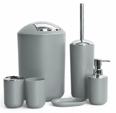 Produktbild von 6tlg Badset Badezimmer Zubehör Set Organizer: (Grau Design 2) Seifenspender, Zahnputzbecher, Kosmetikeimer, WC Bürste, Seifenschale, Mülleimer