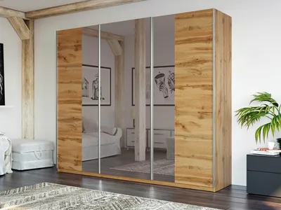 Produktbild von Schwebetürenschrank PRAGA 250 cm – Kleiderschrank modern, großer Schlafzimmer Schrank mit Schiebetüren (Eiche Wotan)