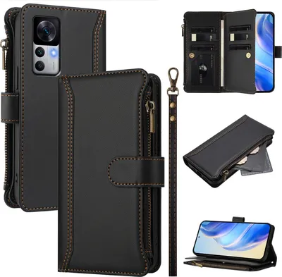 Produktbild von Handyhülle für Xiaomi 12T/12T Pro/Redmi K50 Ultra Reißverschluss Geldbörse Kunstleder Klapphülle mit Kartensteckplatz, Ständer, Handschlaufe Schwarz