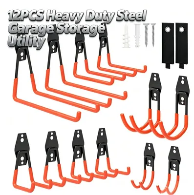 Image de Supports muraux pour garage - Porte-outils - Coffret de 12 pièces - Acier au carbone - Construction robuste - Polyvalent