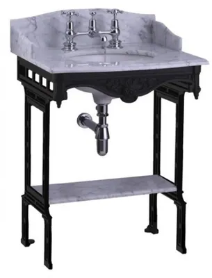 Produktbild von Casa Padrino Luxus Jugendstil Stand Waschtisch Weiß / Schwarz mit Marmorplatte mit Spritzschutz hinten, seitlich und Ablage Barock Waschbecken Barockstil Antik Stil