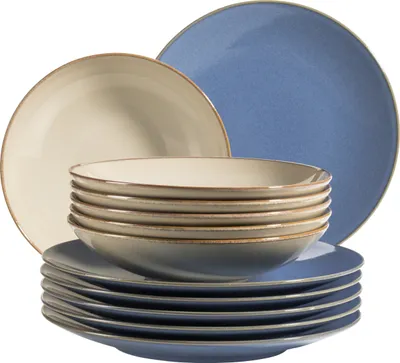 Produktbild von Mäser 931873 Tafelservice Ossia für 6 Personen, Steinzeug, sand/hellblau (1 Set, 12-teilig)