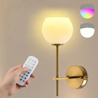 Zdjęcie produktu dla Rosikey LED Kinkiet złoty - Ładowalna lampa ścienna RGB z pilotem - Bezprzewodowe oświetlenie ścienne ze szkła 1 szt.