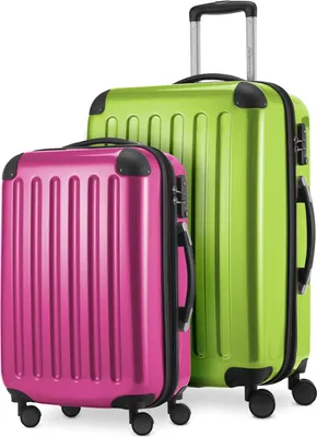 Produktbild von Alex - 2er Set Handgepäck + Mittelgroßer Koffer, Kofferset Resekofffer Trolleys Hartschale Polycarbonat glänzend,Apfelgrün-Magenta