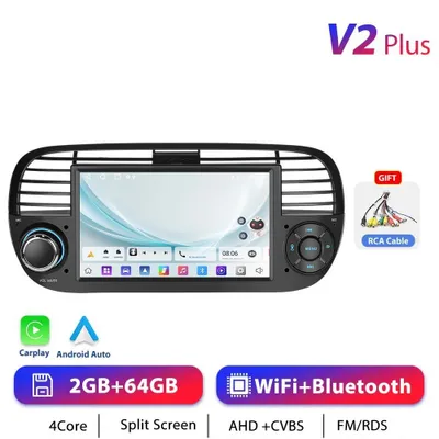 Obrázek produktu pro Fiat 500 2007–2015 – autorádio 2-DIN s Androidem 13 – CarPlay – dotykový displej 17,8 cm – 2 GB RAM, 64 GB ROM – rozlišení 1024×600 – černá