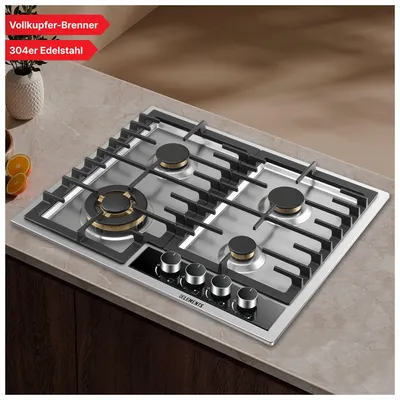 Image de Plaque de cuisson à gaz 4 feux, plaque de cuisson à gaz de 60 cm, brûleurs tout cuivre, boîtier en acier inoxydable 304, brûleur triple pour wok, GPL/GN, arrêt de sécurité automatique