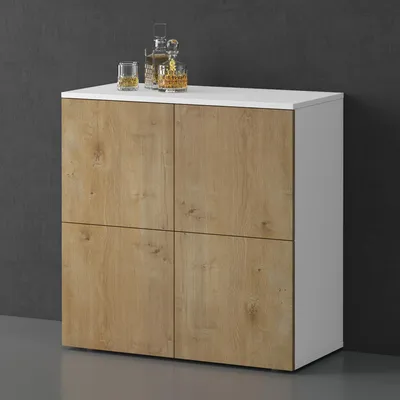 Immagine prodotto di doporro Mobile Organizzatore Credenza Buffet in Legno con 4 Ante Push-to-Open e Soft-Close per Soggiorno, Sala da Pranzo o Ingresso, 76x36,4x76 cm Bianco opaco e Marrone chiaro Schrank04