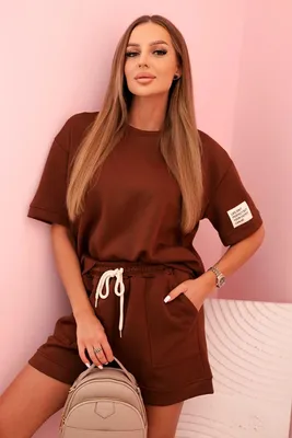 Produktbild von Damen-Set mit hoch taillierten Shorts Schokoladenfarbe Einheitsgröße (M-L)
