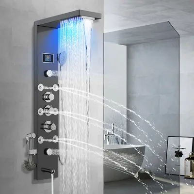Produktbild von CMYbabee Duschpaneel Duschsäule aus Edelstahl, Duschset mit 6 verschiedene Duschfunktionen Wasserfalldusche, Regendusche, Massagedusche, Schwarz