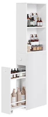 Schmales Badregal mit Schubladen, verstellbarer Boden, 40x18x134,4 cm, Weiß