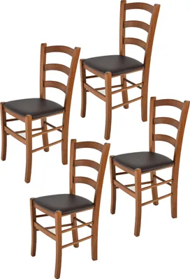Immagine prodotto di t m c s Tommychairs - Set di 4 sedie VENICE per cucina e sala da pranzo, struttura robusta in legno di faggio laccato nel colore noce chiaro e sedile imbottito rivestito in Pelle finta nel colore moka