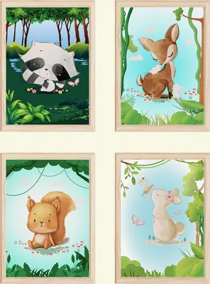 Produktbild von Waschbär Reh Eichhörnchen Hase Waldtiere Bilder 4er Set DIN A4 Kinderzimmer Wandbilder Babyzimmer Poster Dekoration