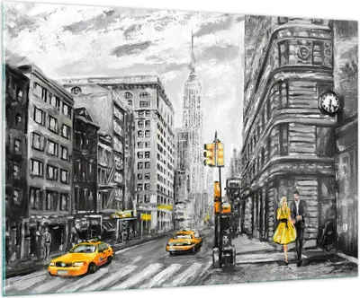 Produktbild von Bilder auf glas - Stadt Taxi Wolkenkratzer Illustration - 100x70cm - Glasbilder - Wandbilder - Kunstdruck - Wanddekoration aus Glas - Glas Bilder - Wandbild auf Glas - GAA100x70-3148