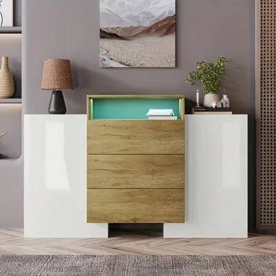 Image de Buffet, commode, meuble de rangement, meuble à tiroirs, largeur 140 cm, blanc brillant avec effet bois naturel
