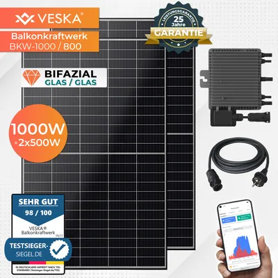 Produktbild von Balkonkraftwerk 1000 W / 800 W Bifazial Photovoltaik Solaranlage Steckerfertig WIFI Smarte Mini-PV Anlage 800 Watt genehmigungsfrei, Schwarz