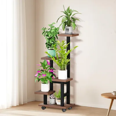 Produktbild von CMYbabee Hölzern Blumenständer mit Rollen, 5 Etagen Pflanzenständer 85CM Blumenregal Balkon, Blumentreppe Innen für Blumentöpfe, Natur Pflanzenregal für Wohnzimmer Schlafzimmer Garten