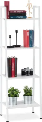 Image de Étagère sur pied Relaxdays, étagère moderne en forme d'échelle avec 4 tablettes, étagère décorative pour plantes et livres, dimensions : 136 x 44 x 31,5 cm, blanche