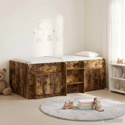 Obrázok produktu pre Maison Exclusive – Posteľ s úložným priestorom a skriňou, materiál: drevotrieska s povrchovou úpravou imitujúcou dymové dubové drevo