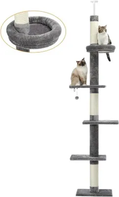 Immagine prodotto di Torre per gatti a 5 livelli, regolabile in altezza, struttura per arrampicarsi, tiragraffi, cuccia, pallina, grigio
