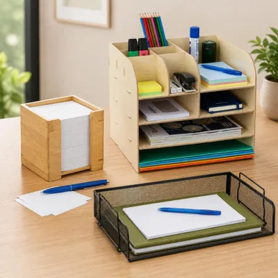Produktbild von Bambus-Schreibtisch-Organizer-Set (3-teilig) – Dokumentenablage, Organizer mit 10 Fächern und Notizbox aus Bambus