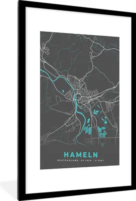 Produktbild von MuchoWow® Gerahmtes Poster Blau - Deutschland - Karte - Stadtplan - Hameln 60x90 cm - Poster mit Schwarzem Bilderrahmen Wandposter Rahmen Foto Bilder - Dekoration - Wandposter Wohnzimmer - Hochwertig