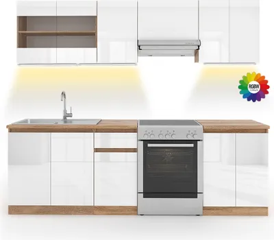 Obrázek produktu pro Kuchyňská linka Vicco Raul Bílá vysoký lesk/bílá 240 cm S pracovní deskou s páskem LED, Model 51903