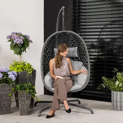 Produktbild von di volio Hängesessel SOMI mit Gestell - grau, Hängesessel Outdoor aus PE-Rattan mit Stahlgestell, wetterfest & bequem