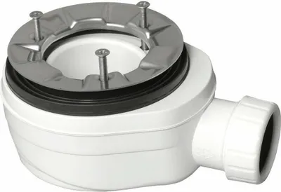 A white plastic shower drain with a silver metal grate and screws, set against a white background.