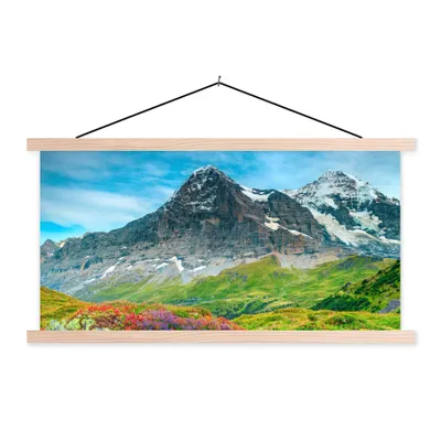 Produktbild von MuchoWow® Textilposter Blumen - Berge - Schnee - Landschaft 60x30 cm mit holzfarbenen Rahmen - Dekoration