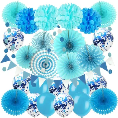 Produktbild von Blau Party Dekoration Set Papier Pompoms Fächer Wimpel Glitter Girlande