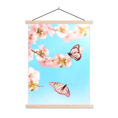 Produktbild von MuchoWow® Textilposter Schmetterlinge - Baum - Blumen 40x53 cm mit holzfarbenen Rahmen - Schlafzimmer