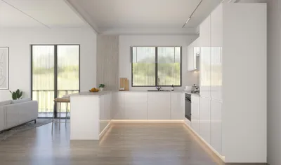 Produktbild von U-Form Küche – U-Küchenzeile – Küchenblock – Komplettküche – Velmora – KÜ10 -A – 300 × 279 × 200 cm– Weiß Hochglanz Ohne Arbeitsplatte & Elektrogerä