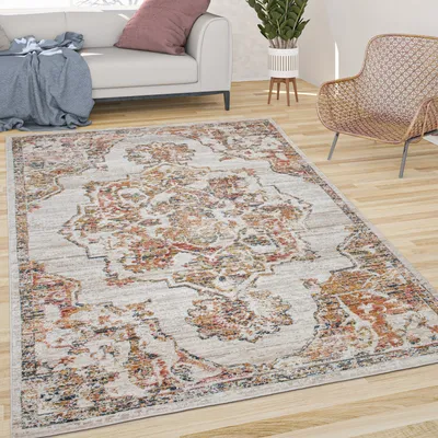 Produktbild von Teppich Wohnzimmer Kurzflor Vintage Pastell Orient Muster Mit Bordüre Creme Beige Grösse 60x100 cm