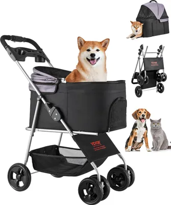 Produktbild von VEVOR Hundewagen 81x46x97 cm, 16,9 kg Tragkraft, faltbarer Hundebuggy, 4-Rad-Buggy mit abnehmbarer Trage und Netzfenstern, tragbarer Haustier-Buggy mit Bremse für kleine bis mittelgroße Haustiere