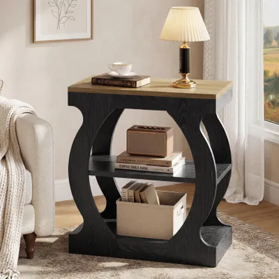 Produktbild von Tribesigns 60 cm Beistelltisch mit 3 Ablagefächern, moderner schmaler Nachttisch, Couchtisch mit geschwungenem, Wohnzimmertisch für Schlafzimmer
